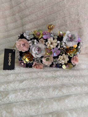 bebe Black 3D Floral Sequin Embellished Evening Clutch NWT